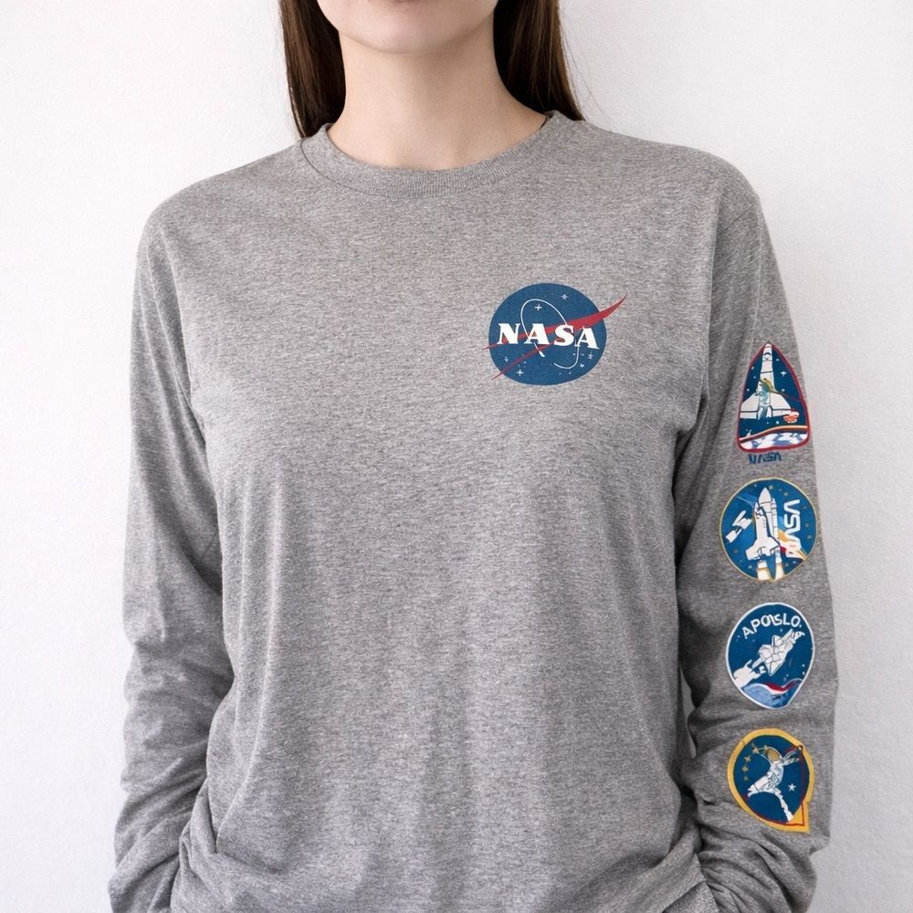 NASA Long Sleeve Graphic T-Shirt Gray Cotton Blend Logo Tee Size L